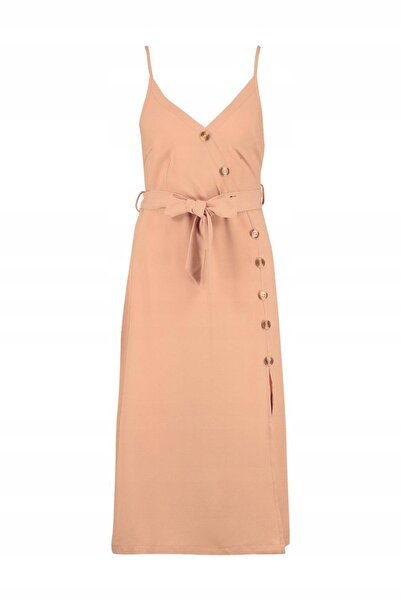 NO BRAND Rochie midi clasică bej din două piese, cu nasturi, nuanță nude, Boo...
