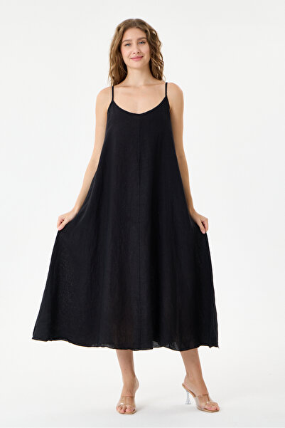 della moor Black Italian 100% Linen Long Linen Dress with Straps, Size 38 - 42