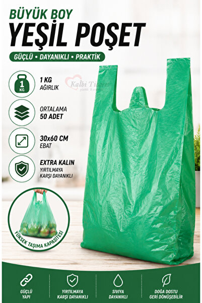 Kalbi Ticaret Kalın Yeşil Poşet Büyük Boy 1 Kg Hışır Atlet Poşet Market Manav...