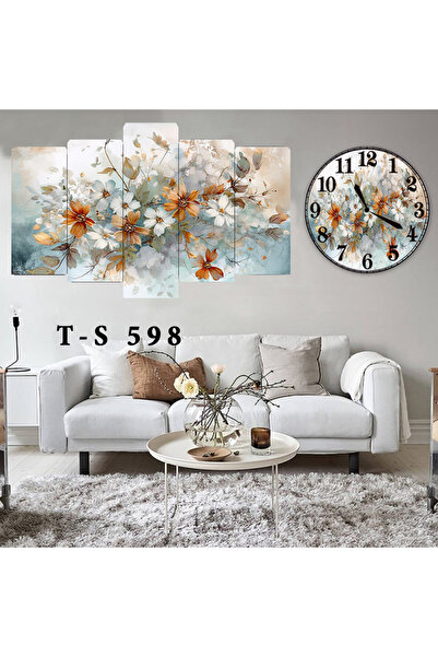 BellaaaModa Çiçekli Dekoratif Desenli Mdf Tablo 5 Parça Set ve Saatli Takım, ...