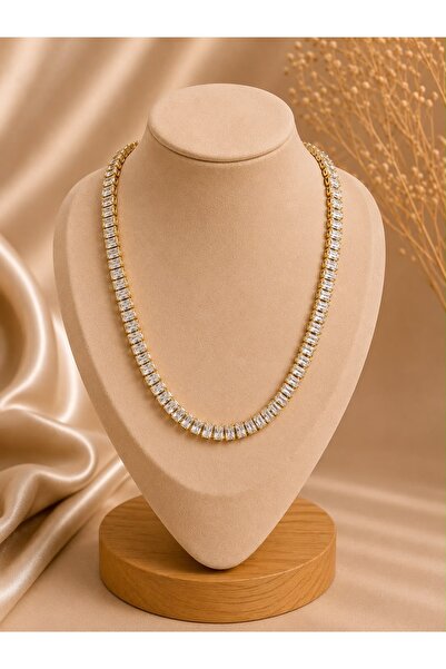 LUMİERE JEWELRY Baget Taşlı Tennis Kolye – Gold Renk | Zirkon Taşlı Paslanmaz...