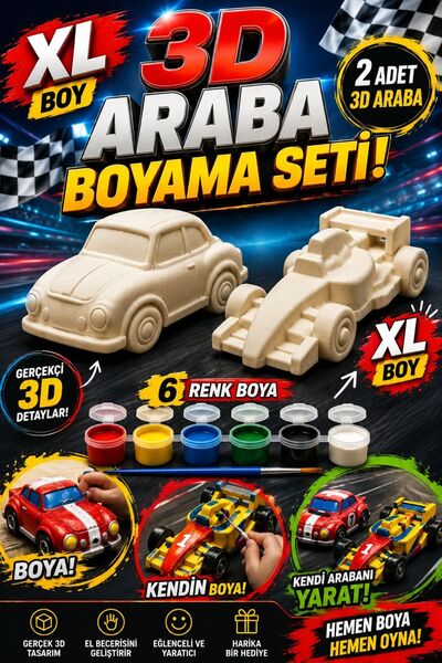 PAMEPAW 2'li (3D) Araba Taş Boyama Figür Çocuk Gelişimi Boyama Etkinlik Seti Zoo Painting