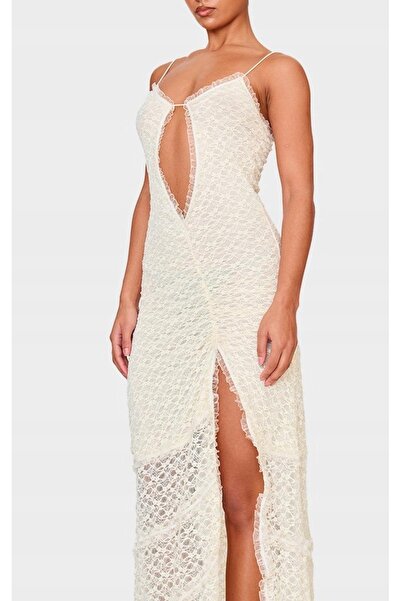 NO BRAND Rochie maxi galbenă din dantelă cu bretele și șliț Prettylittlething 32