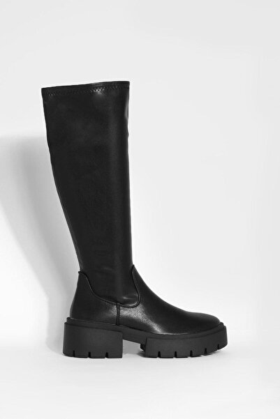 NO BRAND Cizme negre peste genunchi cu platformă, din imitație de piele, Booh...