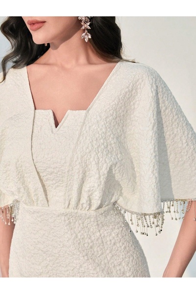 NO BRAND Rochie maxi albă tip creion, mâneci scurte, decorațiuni texturate, S...