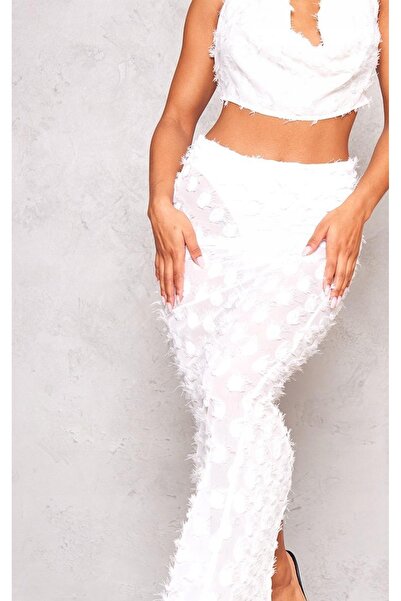 NO BRAND Fustă maxi albă texturată cu șliț drept Prettylittlething 36