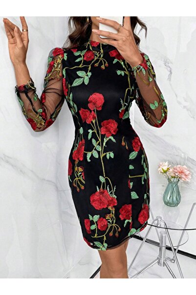NO BRAND Rochie creion neagră cu broderie florală și mâneci din plasă, Shein 36