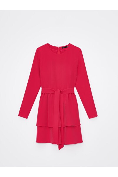 NO BRAND Rochie roz, mini, cu volane, mâneci lungi, decolteu rotund, uni, 36