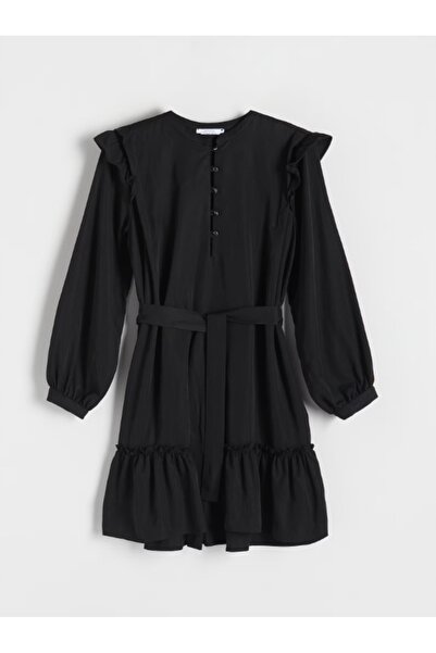 NO BRAND Rochie mini clasică neagră, impecabilă, cu mâneci lungi și volane, u...