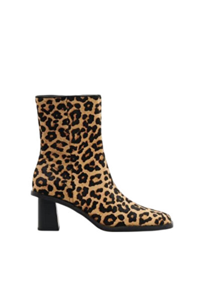 NO BRAND Botine maro cu toc gros din piele naturală cu imprimeu animal 37