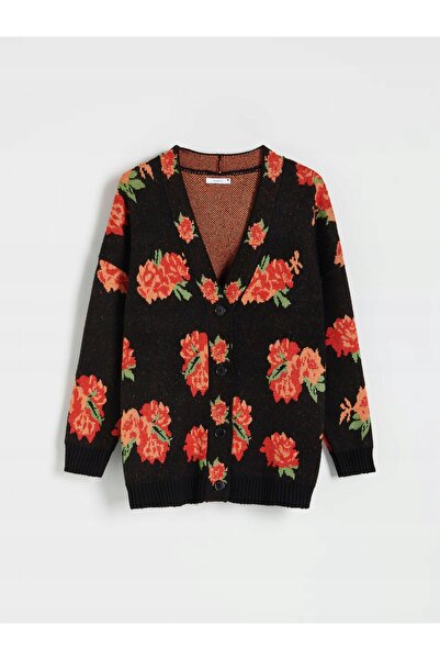 NO BRAND Cardigan jacard negru, cu model, croială lejeră, cu flori multicolor...