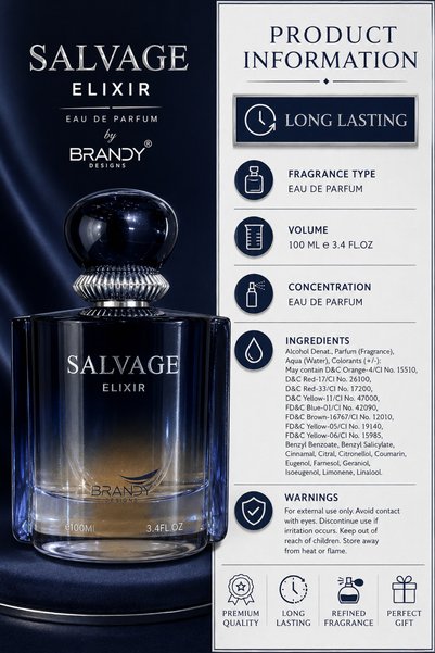 BRANDY DESIGN Salvage Elixir Eau de Parfum by Brandy Designs 100ml – Long-Lasting Luxury Perfume Spray with Dark Blue Bottle | Premium EDP Fragrance, 3.4 Fl. Oz