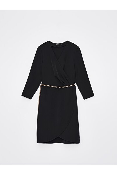 NO BRAND Rochie neagră asimetrică mini, cu mâneci trei sferturi, decolteu pet...