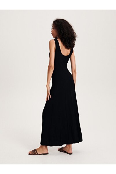 NO BRAND Rochie maxi tricotată neagră cu bretele, cu amestec de viscoză, m