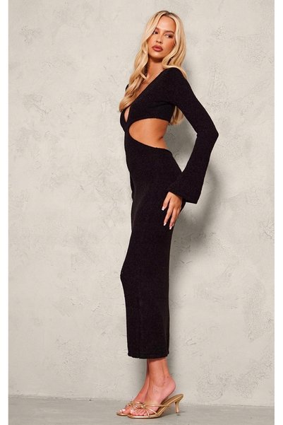 NO BRAND Prettylittlething Rochie tricotată neagră cu mânecă lungă, lungime m...