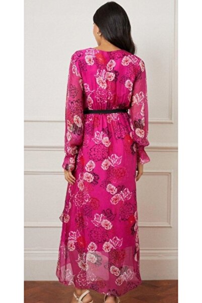 NO BRAND Rochie midi de cocktail fucsia, cu decolteu, mâneci lungi, cu flori,...