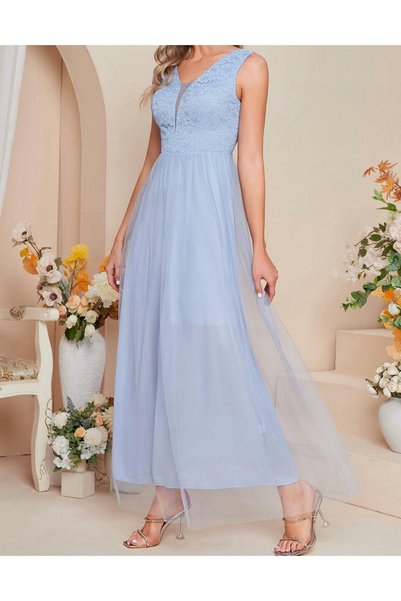 NO BRAND Rochie lungă elegantă, impecabilă, albastră, cu dantelă, Shein S