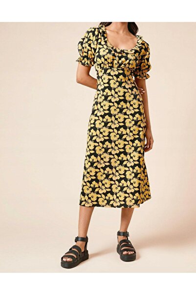 NO BRAND Rochie florală Dorothy Perkins neagră și galbenă cu mânecă scurtă, m...