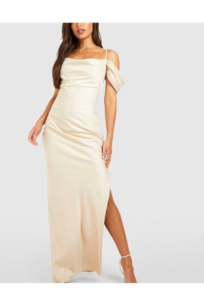 NO BRAND Rochie maxi elegantă din satin bej cu detaliu la umăr Boohoo 42