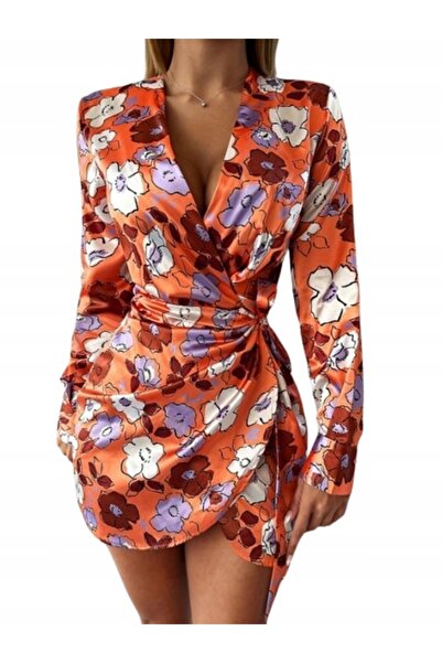NO BRAND Rochie crop top portocalie din satin cu design floral SOBE M