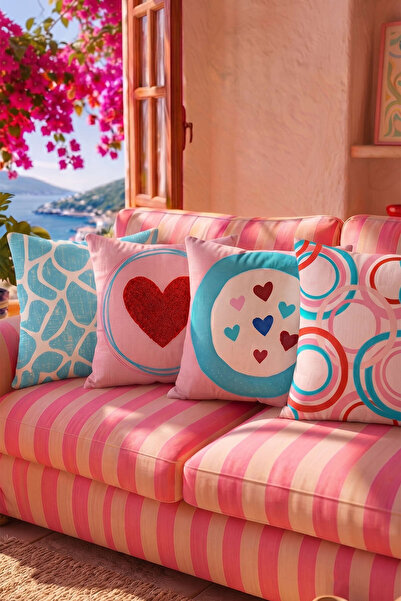 Cango Home Pink Retro Heart Patterned 4-Piece Throw Pillow Cover Set 4Kmbs340
