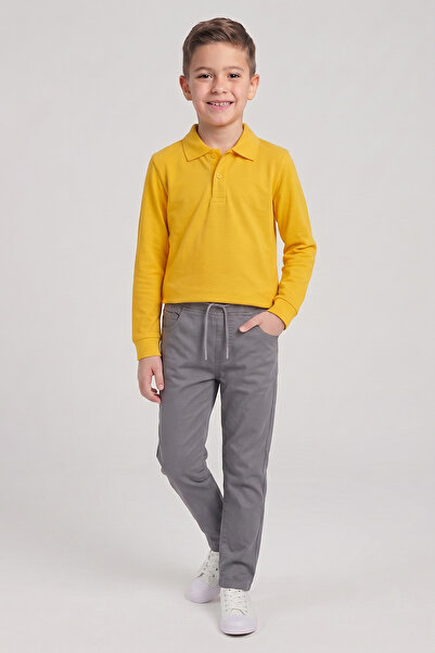 nacar çarşı Boy's Bright Yellow Long Sleeve Polo Neck T-Shirt Gray Ribbed Wai...