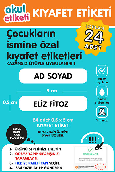 OKUL ETİKETİ BASKI OKUL ETİKETİ İSME ÖZEL KIYAFET ETİKETİ TOPLAM 24 ADET