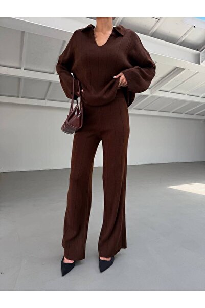 Flarsky Women's Knitwear Two-Piece Set – Polo Neck Oversized Top and Wide-Leg...