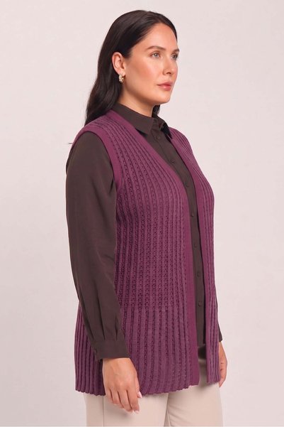 Uludağ Triko Women's Burgundy Glittery Knitwear Openwork Woven Seasonal Vest