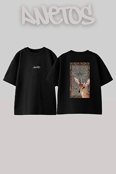 Anetos تي شيرت قطني أسود كبير الحجم بتصميم يونيكورن ديكديك مطبوع من الخلف