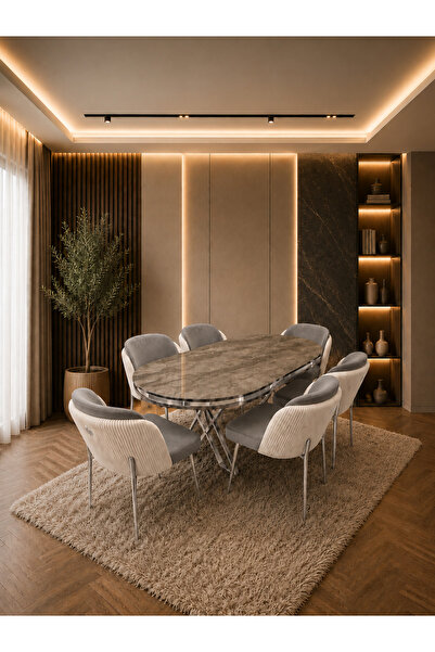 Concept Ayz Home Lara Krom Serisi Krem-A.Gri Kumaş 6 Kişilik 90×168 Oval İron...