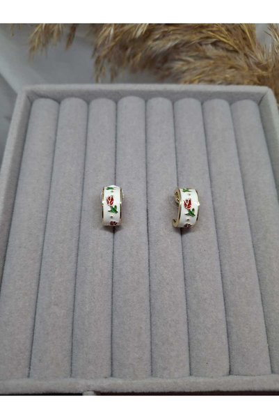 ZEYKU ACCESSORİES White Enamel Red Tulip Embroidered Motif Hoop Earrings - No...