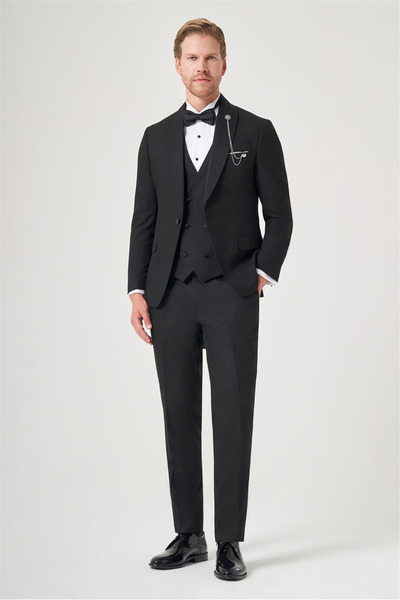 İmza Siyah Kırlangıç Yaka Düz Desen 6 Drop Slim Fit Yelekli Damatlık Takım El...