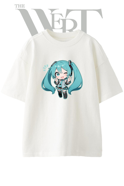 THEWERT Tricou oversize alb unisex cu imprimeu Hatsune Miku Design
