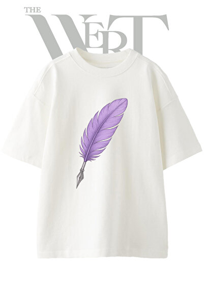 THEWERT Μπλουζάκι Unisex Λευκό Oversize με στάμπα σχεδίου πένας από φτερά