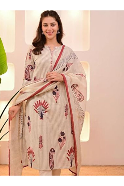 MYSMAR Dhira Beige Striped Suit Set - ALV2192-Beiges-Size-M-38-Inches