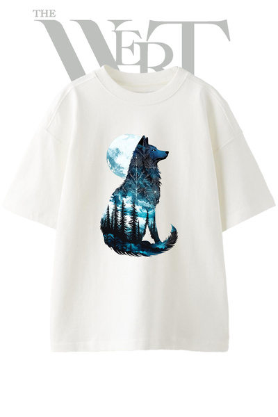 THEWERT Tricou supradimensionat alb unisex cu imprimeu Wolf Forest_1