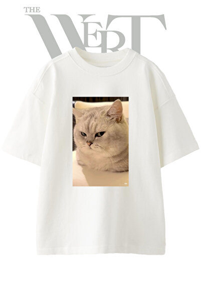 THEWERT Μπλουζάκι Unisex με στάμπα Angry Cat Design σε λευκό χρώμα oversize