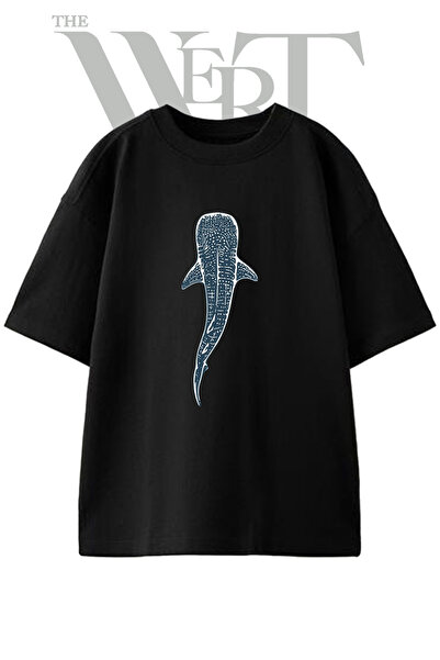 THEWERT Whale Shark Design Printed Unisex Black Oversize T-Shirt