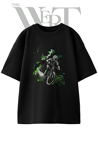 THEWERT Day Cyclist Design Printed Unisex Black Oversize T-Shirt