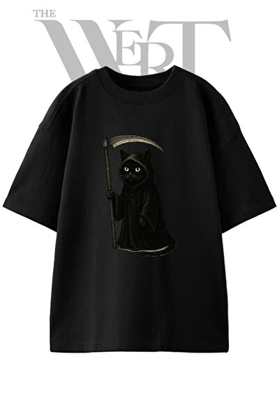 THEWERT Reaper Cat_1 dizajn, štampana unisex crna majica prevelikog kroja