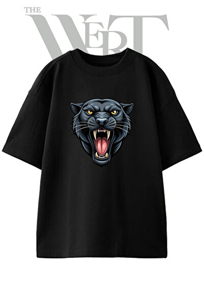 THEWERT Black Panther Design Printed Unisex Black Oversize T-Shirt