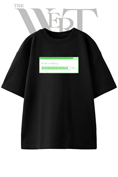 THEWERT Downloading Screen Design Printed Unisex Black Oversize T-Shirt