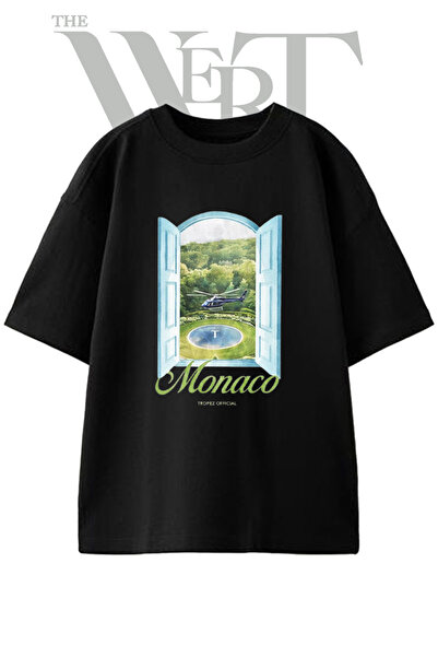 THEWERT Monaco Helicopter Design Printed Unisex Black Oversize T-Shirt
