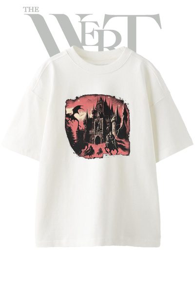 THEWERT Gothic Castle Dragon Design Printed Unisex White Oversize T-Shirt