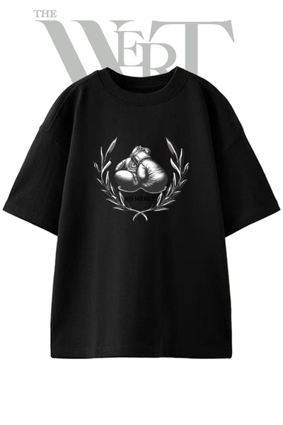 THEWERT Boxing Gloves Wreath Design Printed Unisex Black Oversize T-Shirt