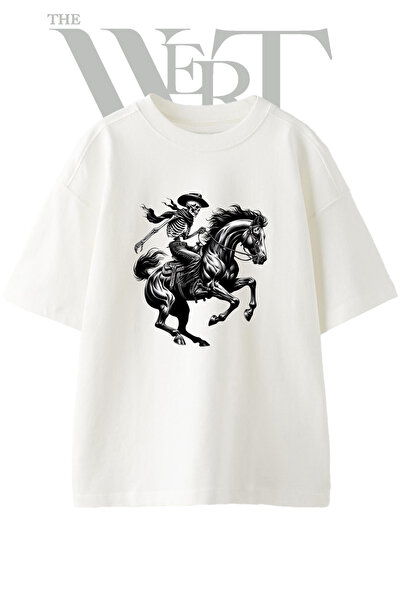 THEWERT Tricou supradimensionat alb unisex cu imprimeu Skeleton Cowboy Design