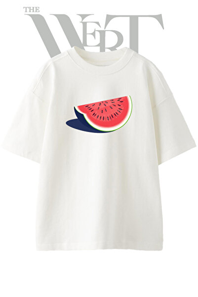 THEWERT Watermelon Slice Design Printed Unisex White Oversize T-Shirt