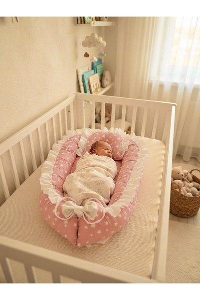 Babynest Ortopedik Fırfırlı Pembe beyaz yıldızlı Yatak Ve Ortopedik Yastık