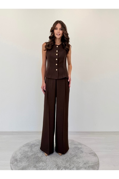 ossons Sofia Linen Six-Button Floral Button Detailed Palazzo Suit